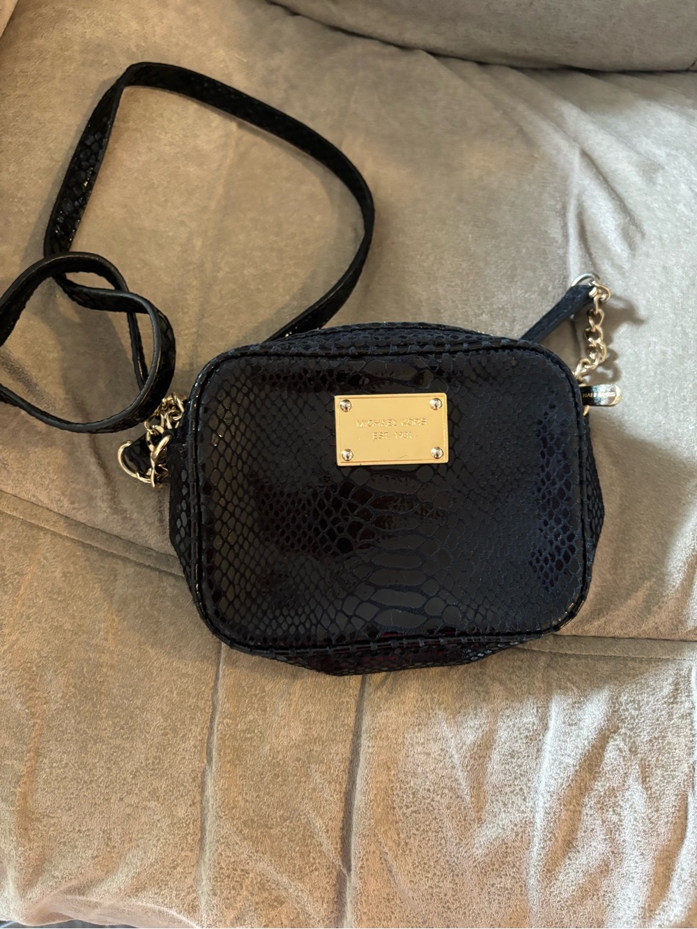 Michael Kors Black Snake-Embossed Crossbody with Gold Plate